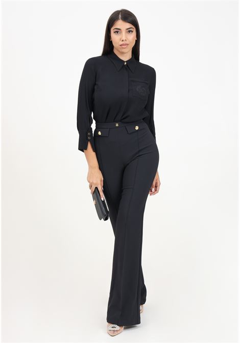 Black women's palazzo trousers in stretch crêpe with logo rivet ELISABETTA FRANCHI | PA02546E2110